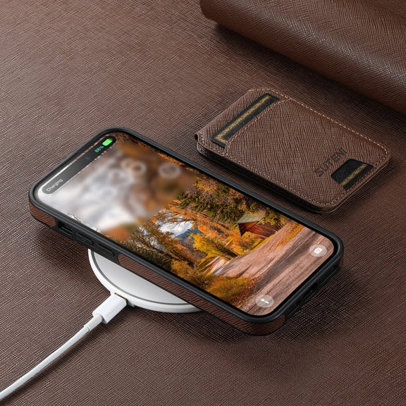 For iPhone 16 Suteni M2 Cross-Grain MagSafe Vertical Card Back Phone Case(Brown)