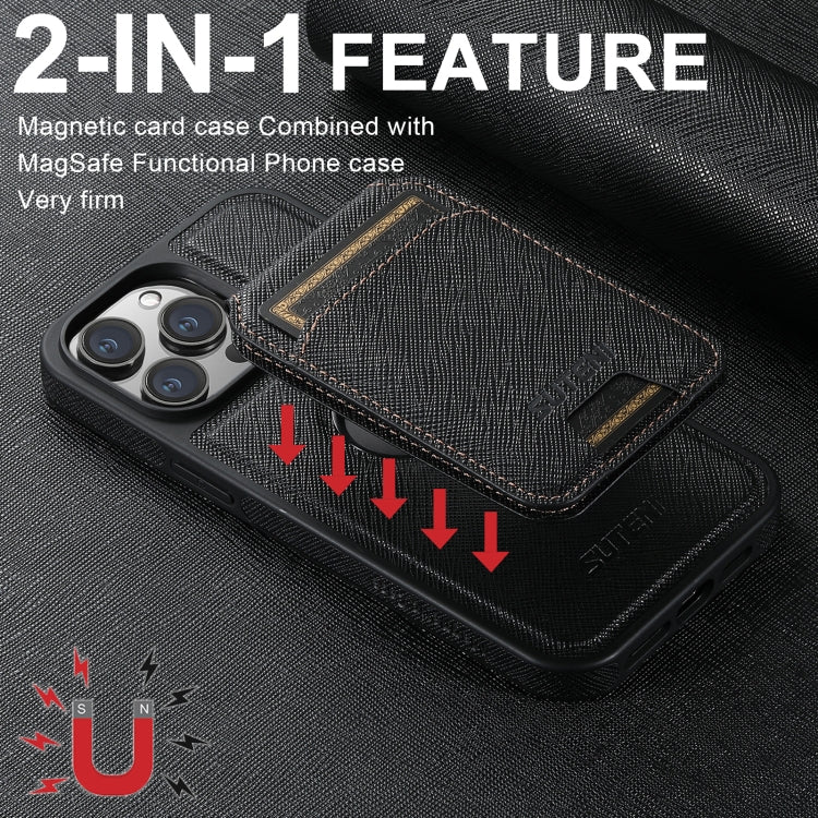 For iPhone 16 Pro Suteni M2 Cross-Grain MagSafe Vertical Card Back Phone Case(Black)