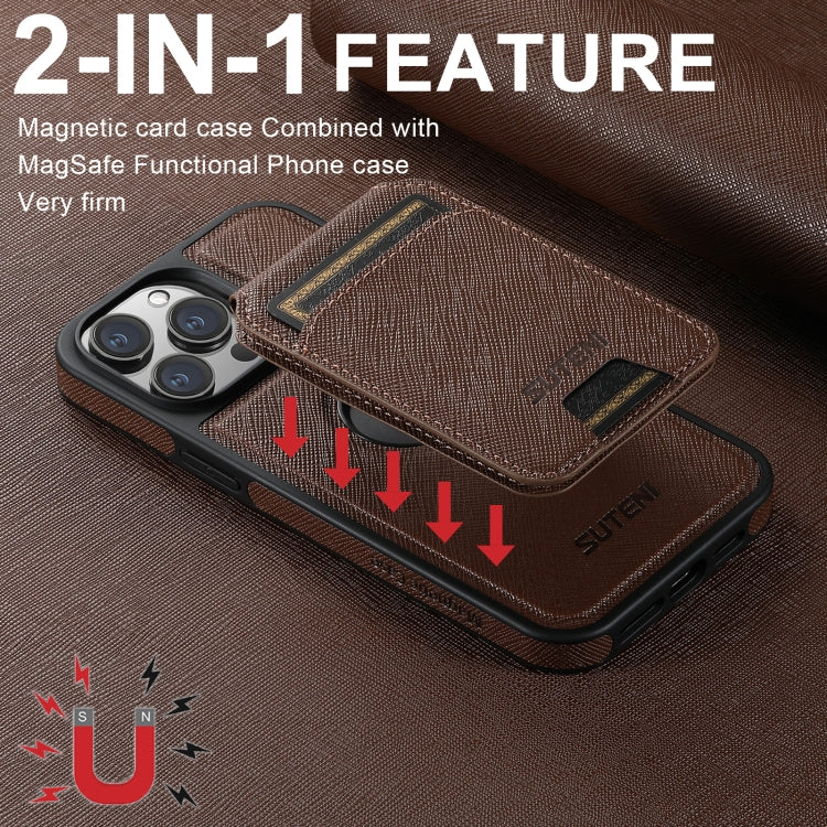 For iPhone 16 Pro Suteni M2 Cross-Grain MagSafe Vertical Card Back Phone Case(Brown)