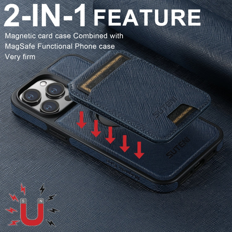 For iPhone 16 Pro Suteni M2 Cross-Grain MagSafe Vertical Card Back Phone Case(Blue)