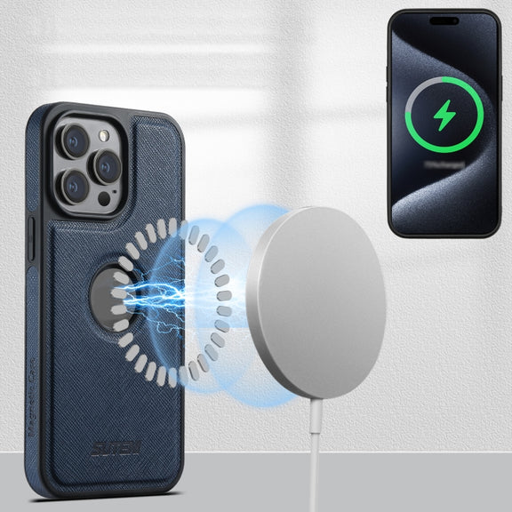 For iPhone 16 Pro Suteni M2 Cross-Grain MagSafe Vertical Card Back Phone Case(Blue)