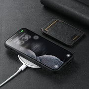 For iPhone 16 Plus Suteni M2 Cross-Grain MagSafe Vertical Card Back Phone Case(Black)
