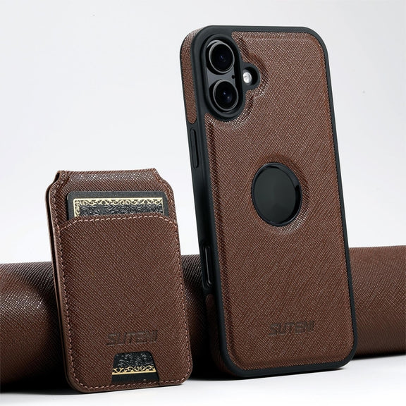For iPhone 16 Plus Suteni M2 Cross-Grain MagSafe Vertical Card Back Phone Case(Brown)