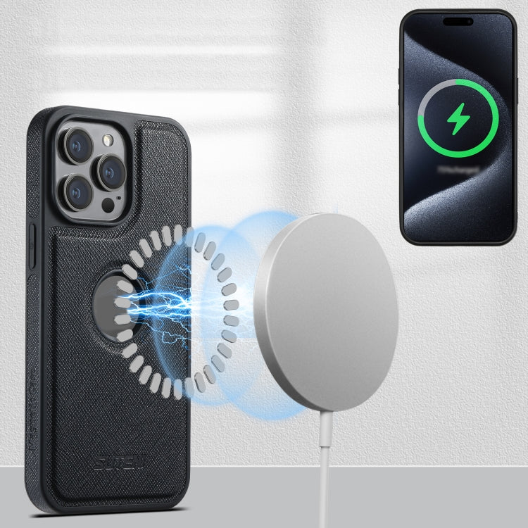 For iPhone 16 Pro Max Suteni M2 Cross-Grain MagSafe Vertical Card Back Phone Case(Black)