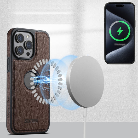 For iPhone 16 Pro Max Suteni M2 Cross-Grain MagSafe Vertical Card Back Phone Case(Brown)