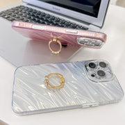 For iPhone 16 Pro Max Plating Glitter Texture Ring Holder TPU Phone Case with Lens Film(White Feather Yarn)