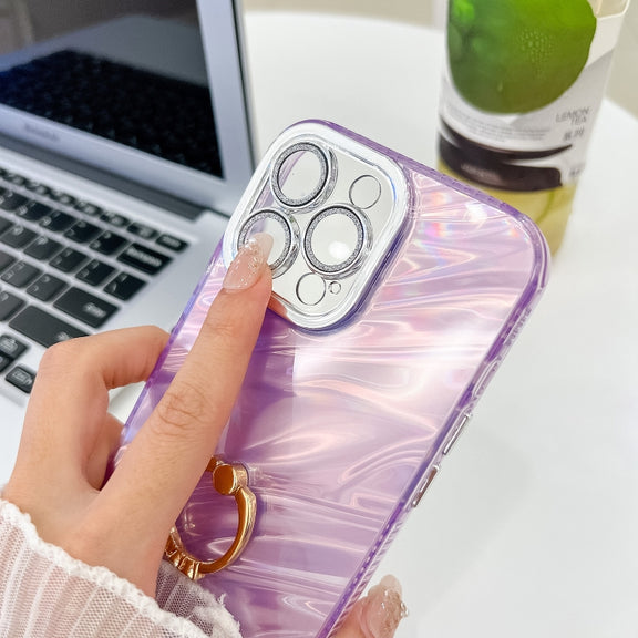 For iPhone 16 Pro Max Plating Glitter Texture Ring Holder TPU Phone Case with Lens Film(White Water Ripples)