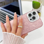 For iPhone 16 Pro Plating Glitter Texture Ring Holder TPU Phone Case with Lens Film(Pink Water Ripples)