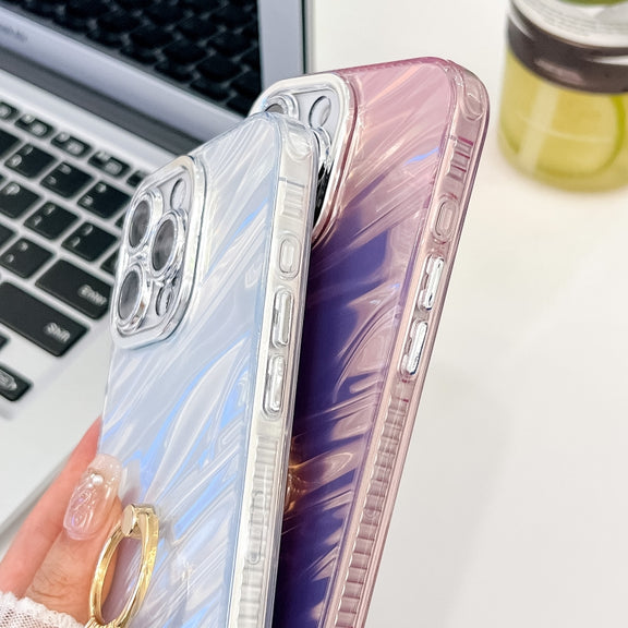 For iPhone 16 Pro Max Plating Glitter Texture Ring Holder TPU Phone Case with Lens Film(White Water Ripples)