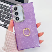 For Samsung Galaxy S25 5G Plating Glitter Texture Ring Holder TPU Phone Case with Lens Film(Purple Shell Pattern)