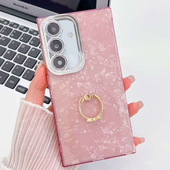 For Samsung Galaxy S25+ 5G Plating Glitter Texture Ring Holder TPU Phone Case with Lens Film(Pink Shell Pattern)