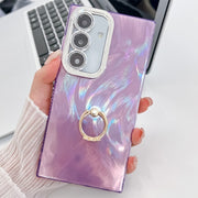 For Samsung Galaxy S25+ 5G Plating Glitter Texture Ring Holder TPU Phone Case with Lens Film(Purple Feather Yarn)