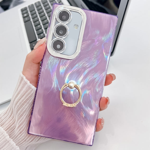 For Samsung Galaxy S25+ 5G Plating Glitter Texture Ring Holder TPU Phone Case with Lens Film(Purple Feather Yarn)