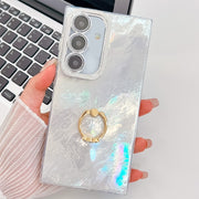 For Samsung Galaxy S25+ 5G Plating Glitter Texture Ring Holder TPU Phone Case with Lens Film(White Tinfoil Texture)