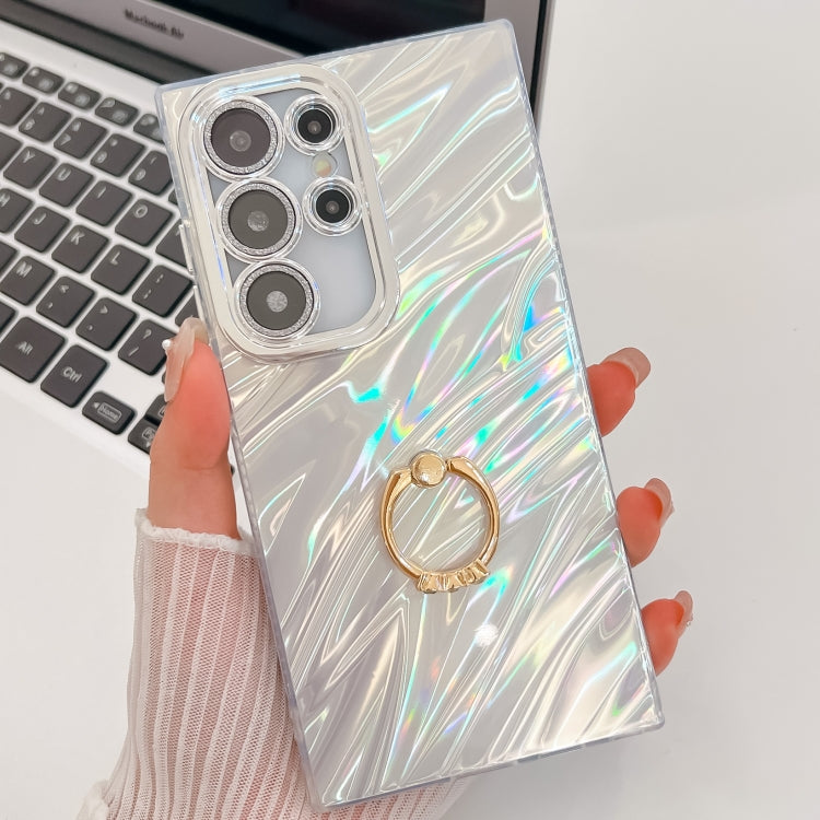 For Samsung Galaxy S25 Ultra 5G Plating Glitter Texture Ring Holder TPU Phone Case with Lens Film(White Water Ripples) - Galaxy S25 Ultra 5G Cases by PMC Jewellery | Online Shopping South Africa | PMC Jewellery | Buy Now Pay Later Mobicred