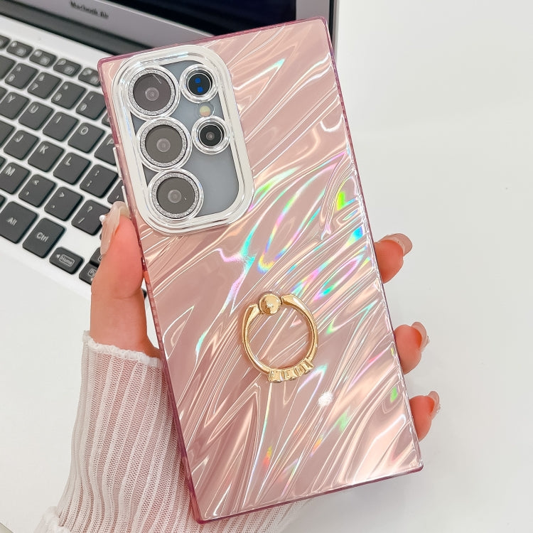 For Samsung Galaxy S25 Ultra 5G Plating Glitter Texture Ring Holder TPU Phone Case with Lens Film(Pink Water Ripples) - Galaxy S25 Ultra 5G Cases by PMC Jewellery | Online Shopping South Africa | PMC Jewellery | Buy Now Pay Later Mobicred