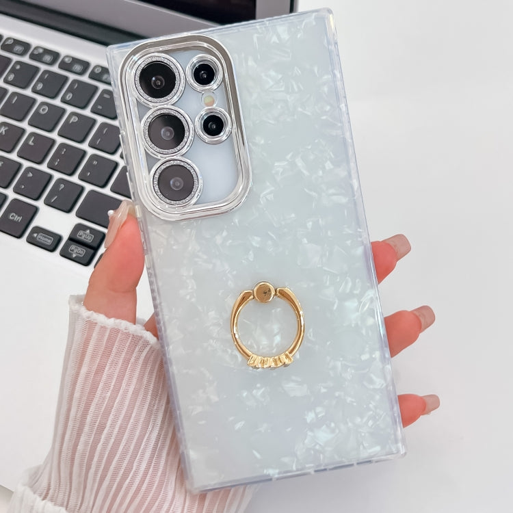 For Samsung Galaxy S25 Ultra 5G Plating Glitter Texture Ring Holder TPU Phone Case with Lens Film(White Shell Pattern) - Galaxy S25 Ultra 5G Cases by PMC Jewellery | Online Shopping South Africa | PMC Jewellery | Buy Now Pay Later Mobicred