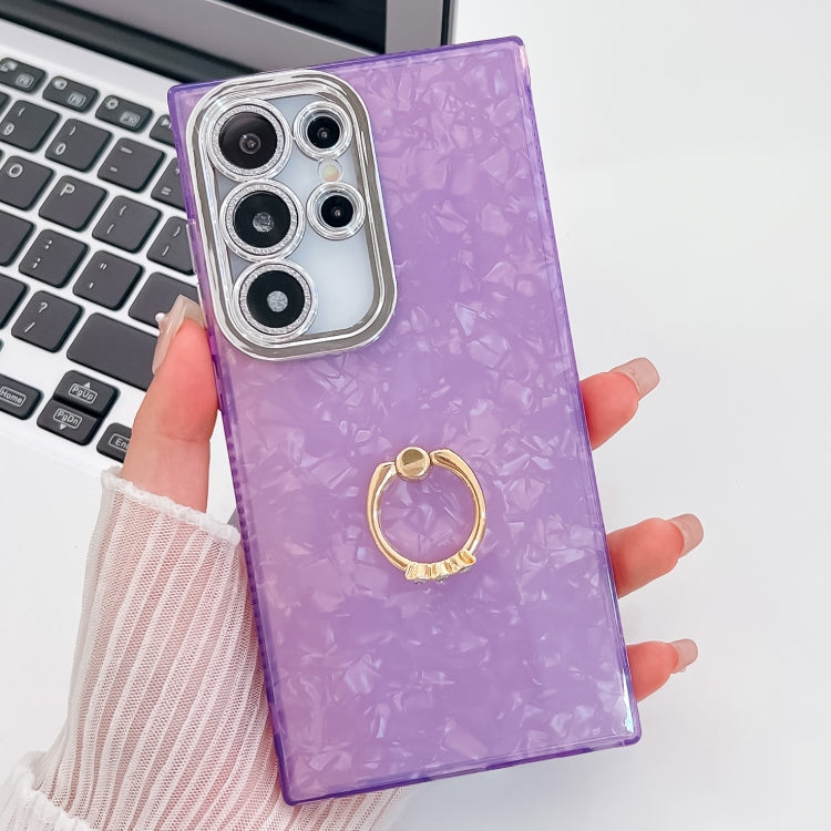 For Samsung Galaxy S25 Ultra 5G Plating Glitter Texture Ring Holder TPU Phone Case with Lens Film(Purple Shell Pattern) - Galaxy S25 Ultra 5G Cases by PMC Jewellery | Online Shopping South Africa | PMC Jewellery | Buy Now Pay Later Mobicred