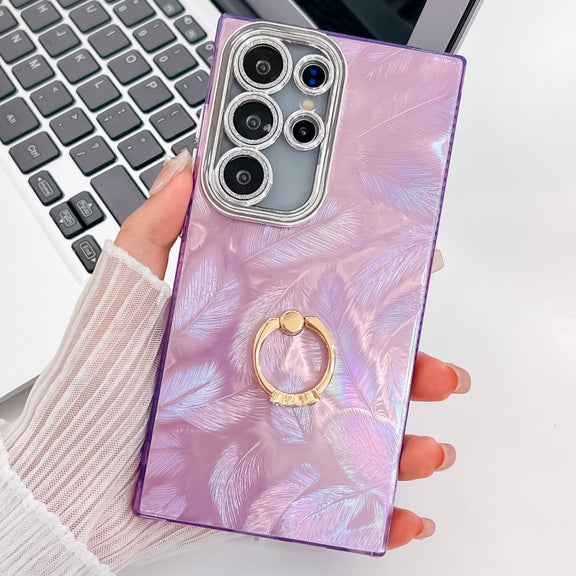 For Samsung Galaxy S25 Ultra 5G Plating Glitter Texture Ring Holder TPU Phone Case with Lens Film(Purple Feathers)