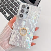For Samsung Galaxy S25 Ultra 5G Plating Glitter Texture Ring Holder TPU Phone Case with Lens Film(White Wrinkles)