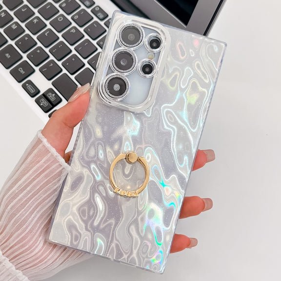 For Samsung Galaxy S25 Ultra 5G Plating Glitter Texture Ring Holder TPU Phone Case with Lens Film(White Wrinkles)