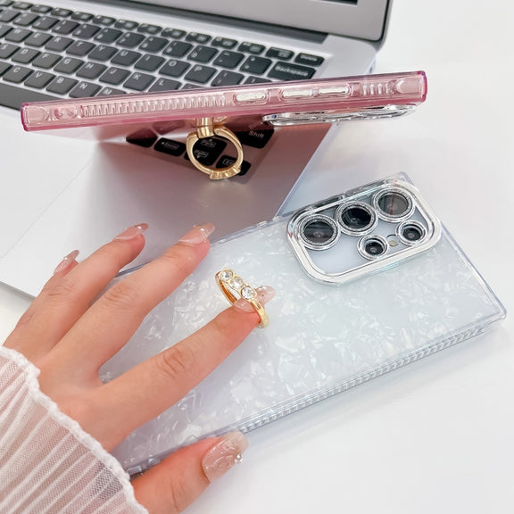 For Samsung Galaxy S25+ 5G Plating Glitter Texture Ring Holder TPU Phone Case with Lens Film(White Tinfoil Texture)