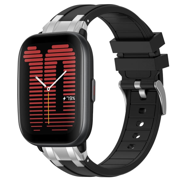 For Amazfit Active 20mm Quick Release Silver Buckle Royal Silicone Watch Band(Black)
