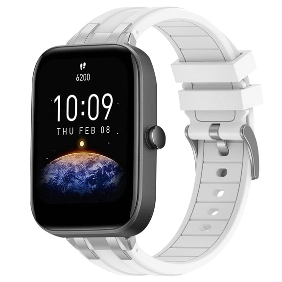 For Amazfit Bip3 20mm Quick Release Silver Buckle Royal Silicone Watch Band(White)