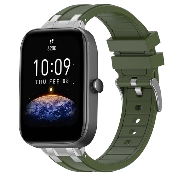 For Amazfit Bip3 20mm Quick Release Silver Buckle Royal Silicone Watch Band(Olive Green)