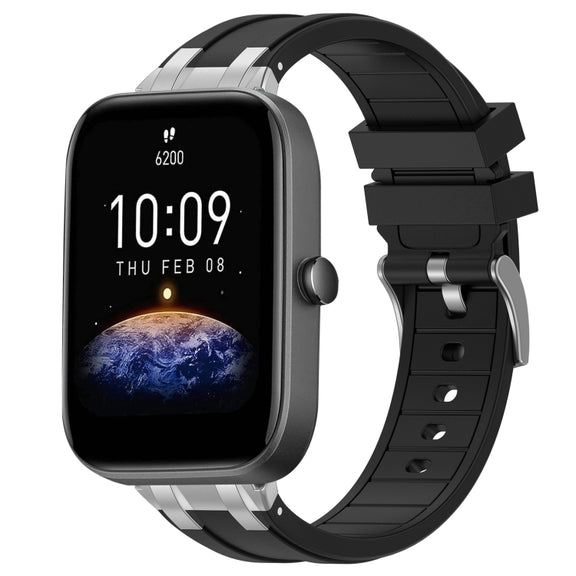 For Amazfit Bip3 20mm Quick Release Silver Buckle Royal Silicone Watch Band(Black)