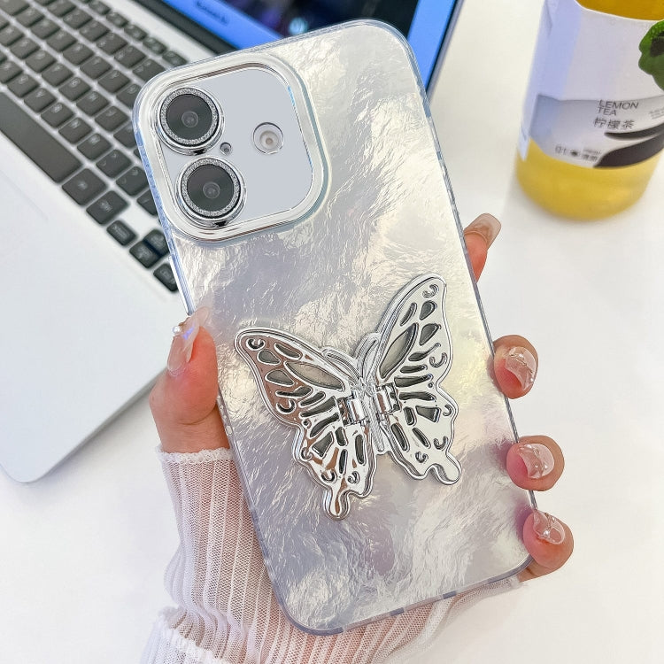 For iPhone 16 Plating Glitter Texture Butterfly Holder TPU Phone Case with Lens Film(White Tinfoil Texture) - free shipping - PMC TechLife - Order now!