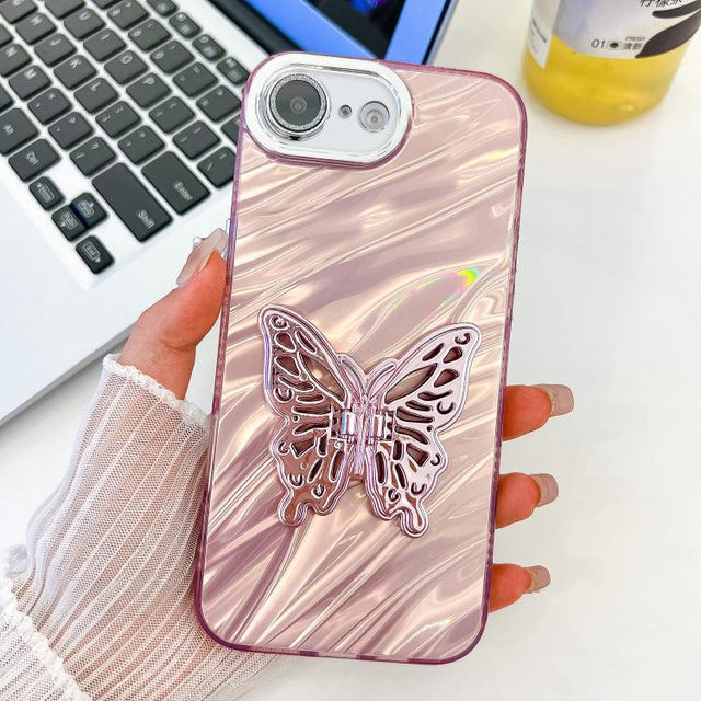 For iPhone 16e Plating Glitter Texture Butterfly Holder TPU Phone Case with Lens Film(Pink Water Ripples)