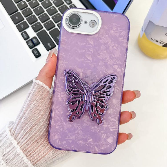 For iPhone 16e Plating Glitter Texture Butterfly Holder TPU Phone Case with Lens Film(Purple Shell Pattern)