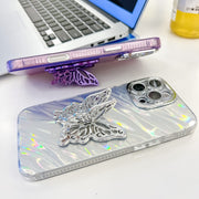 For iPhone 16 Plus Plating Glitter Texture Butterfly Holder TPU Phone Case with Lens Film(Purple Water Ripples)