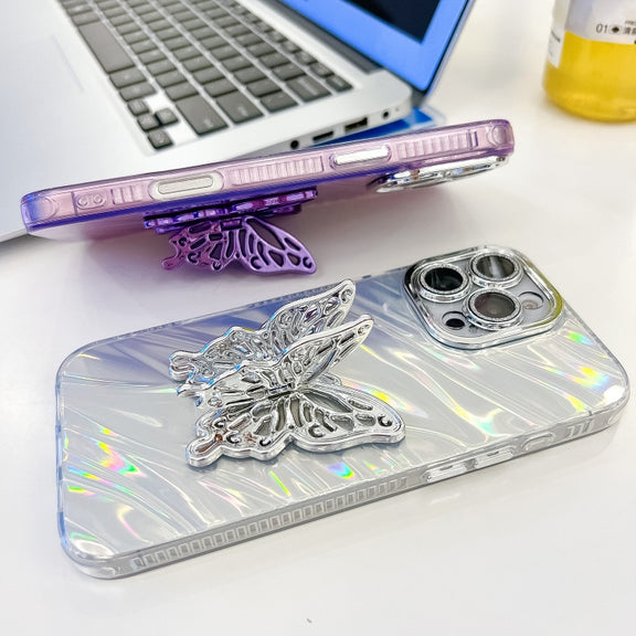 For iPhone 16e Plating Glitter Texture Butterfly Holder TPU Phone Case with Lens Film(Purple Shell Pattern)