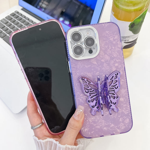 For iPhone 16 Plus Plating Glitter Texture Butterfly Holder TPU Phone Case with Lens Film(Purple Water Ripples)
