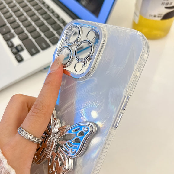 For iPhone 16e Plating Glitter Texture Butterfly Holder TPU Phone Case with Lens Film(Purple Shell Pattern)