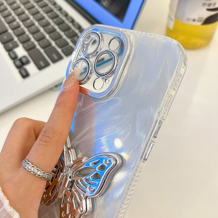 For iPhone 16e Plating Glitter Texture Butterfly Holder TPU Phone Case with Lens Film(Pink Water Ripples)