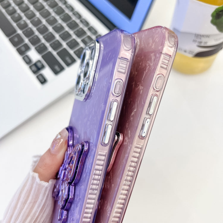 For iPhone 16e Plating Glitter Texture Butterfly Holder TPU Phone Case with Lens Film(Pink Water Ripples)