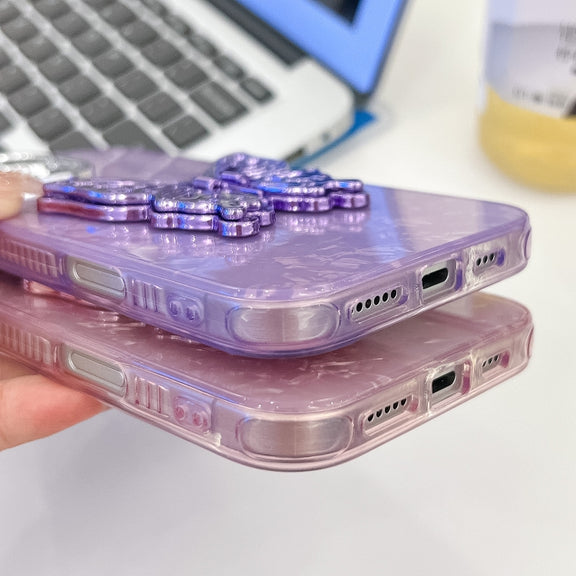For iPhone 16e Plating Glitter Texture Butterfly Holder TPU Phone Case with Lens Film(Pink Water Ripples)