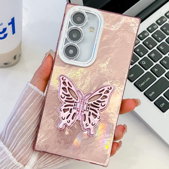 For Samsung Galaxy S25 5G Plating Glitter Texture Butterfly Holder TPU Phone Case with Lens Film(Pink Tinfoil Texture)