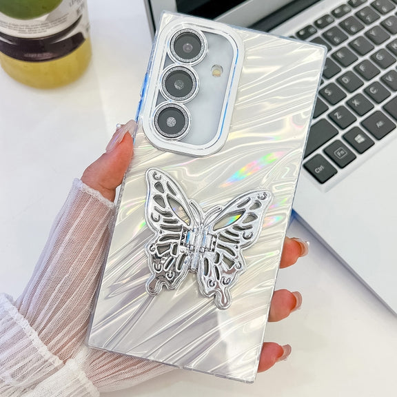 For Samsung Galaxy S25+ 5G Plating Glitter Texture Butterfly Holder TPU Phone Case with Lens Film(White Water Ripples)