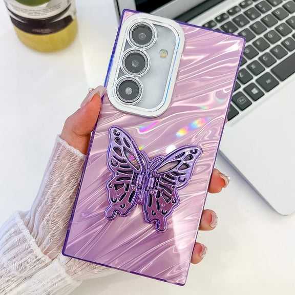 For Samsung Galaxy S25+ 5G Plating Glitter Texture Butterfly Holder TPU Phone Case with Lens Film(Purple Water Ripples)