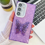 For Samsung Galaxy S25+ 5G Plating Glitter Texture Butterfly Holder TPU Phone Case with Lens Film(Purple Shell Pattern)
