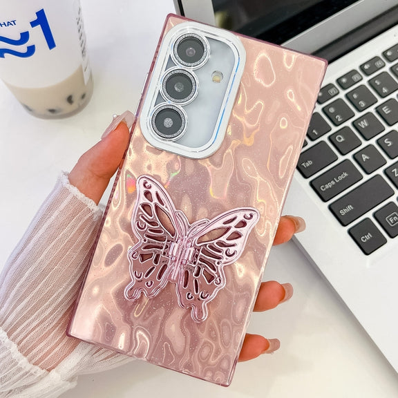 For Samsung Galaxy S25+ 5G Plating Glitter Texture Butterfly Holder TPU Phone Case with Lens Film(Pink Wrinkles)