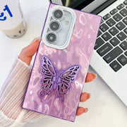 For Samsung Galaxy S25+ 5G Plating Glitter Texture Butterfly Holder TPU Phone Case with Lens Film(Purple Wrinkles)