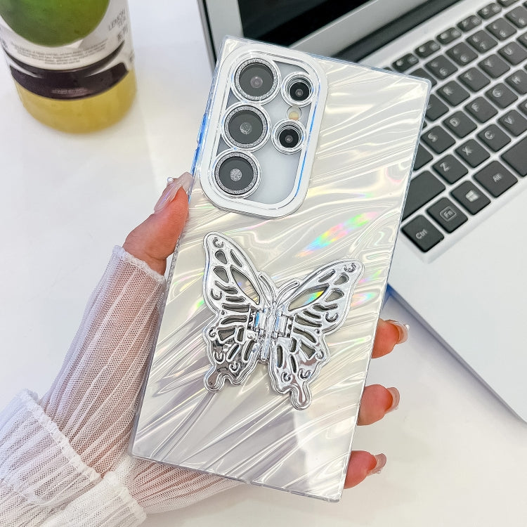 For Samsung Galaxy S25 Ultra 5G Plating Glitter Texture Butterfly Holder TPU Phone Case with Lens Film(White Water Ripples) - Galaxy S25 Ultra 5G Cases by PMC Jewellery | Online Shopping South Africa | PMC Jewellery | Buy Now Pay Later Mobicred