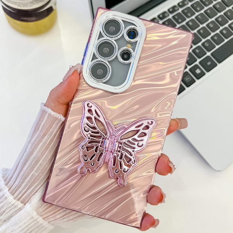 For Samsung Galaxy S25 Ultra 5G Plating Glitter Texture Butterfly Holder TPU Phone Case with Lens Film(Pink Water Ripples) - Galaxy S25 Ultra 5G Cases by PMC Jewellery | Online Shopping South Africa | PMC Jewellery | Buy Now Pay Later Mobicred