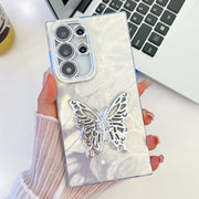 For Samsung Galaxy S25 Ultra 5G Plating Glitter Texture Butterfly Holder TPU Phone Case with Lens Film(White Feathers)
