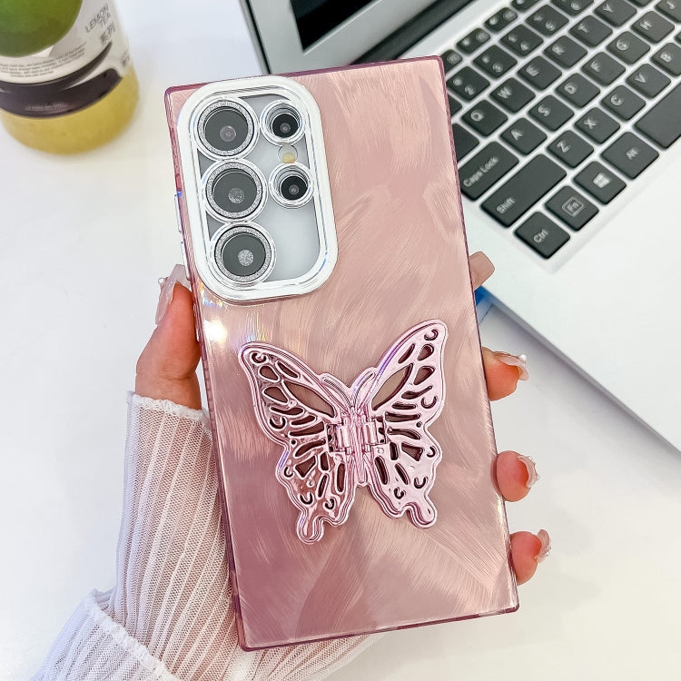 For Samsung Galaxy S25 Ultra 5G Plating Glitter Texture Butterfly Holder TPU Phone Case with Lens Film(Pink Feather Yarn) - Galaxy S25 Ultra 5G Cases by PMC Jewellery | Online Shopping South Africa | PMC Jewellery | Buy Now Pay Later Mobicred